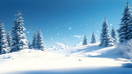 A clear blue sky with white snow-covered ground and scattered trees  -