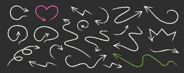 Crayon Chalk Arrows Squiggle Vector Set. Kids Scribble Pointer Shapes Collection Colorful Hand Drawn Brush Texture Spiral Swirls. Child Pencil Blackboard Elements Charcoal Doodle Curved Symbols Bundle