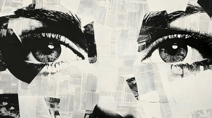 A collage of black and white newspaper clippings, creating an abstract portrait with the eyes of two women  -