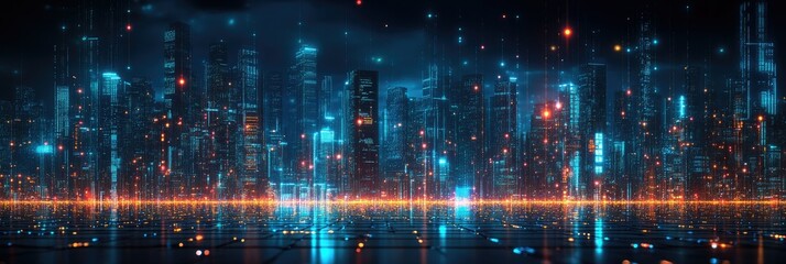 Fototapeta premium Futuristic cityscape with vibrant lights and digital elements.