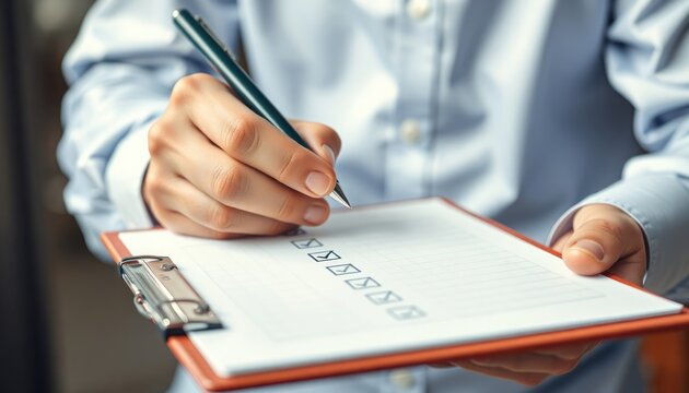 Person evaluates personal development work progress using checklist. Individual marks goals on notepad. Progress evaluation self-assessment in progress. Planning for personal growth pro advancement.