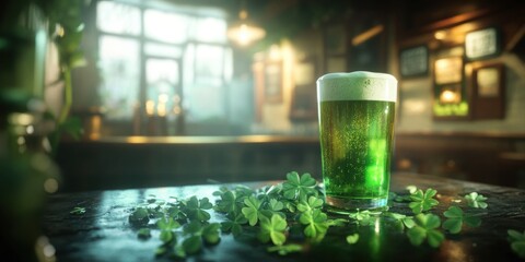 Enjoy a fresh pint of green beer surrounded by clovers in a lively pub atmosphere perfect for St. Patrick's Day celebrations. Generative AI