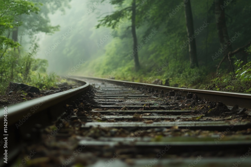 Poster a train track winding through a dense forest with lush greenery and tall trees