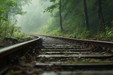 A train track winding through a dense forest with lush greenery and tall trees