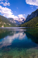 Beautiful nature on the shores of the Vorderer Gosausee lake near Gosau, Austria, sunny summer day