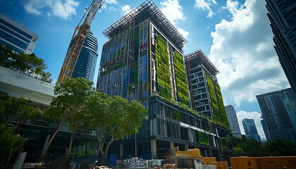 Fototapeta premium Modern green building under construction, surrounded by city skyscrapers and lush greenery.