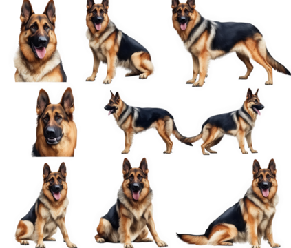 a collection of nine digital illustrations of a german shepherd dog in various poses. including sitting. standing. and lying down the dog has a black and tan coat and is depicted against a transparent