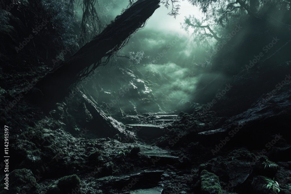 Poster A dense forest with many trees and rocks