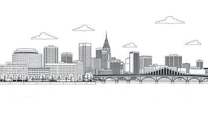 Obraz premium Line art illustration of Boston cityscape. Modern buildings, bridge depicted. Clear view of urban architecture. Silhouette style panorama. City landscape. Skyline with trees, clouds. Graphic design