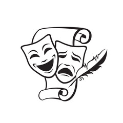 icon of comedy and tragedy theatrical masks with paper isolated on white background