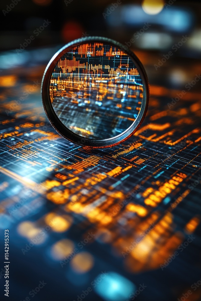 Poster a close-up view of a magnifying glass placed on a table, ideal for illustrations and designs related