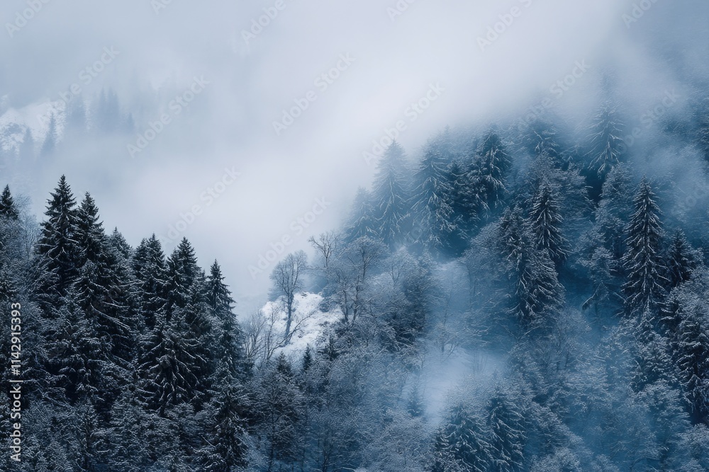 Poster a train makes its way through a dense and snowy forest, with trees and bushes covered in white