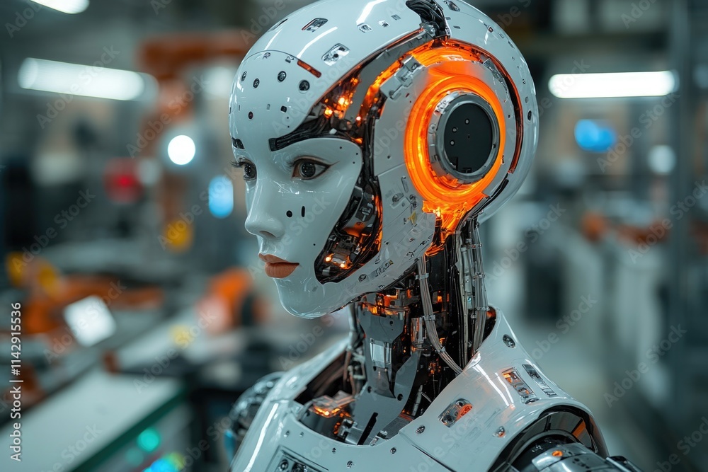 Poster industrial robot with glowing eyes and headphones working in a modern factory setting