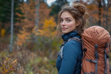 A person hiking with a backpack in a forest environment