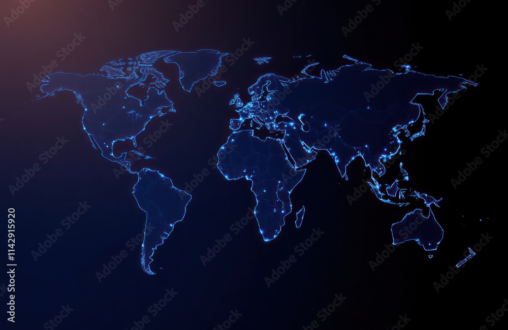 Poster global network visualization map glows. world map display shows international connections. digital m