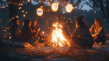 Friends gather around a bonfire on a snowy night, celebrating New Year's Eve with lanterns.