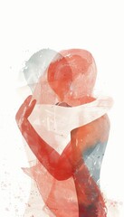 Two People Hugging illustrated in a Silhouetted  Minimalistic Red Pastel Watercolor style on White Background. Love, Comfort and Affection Concept