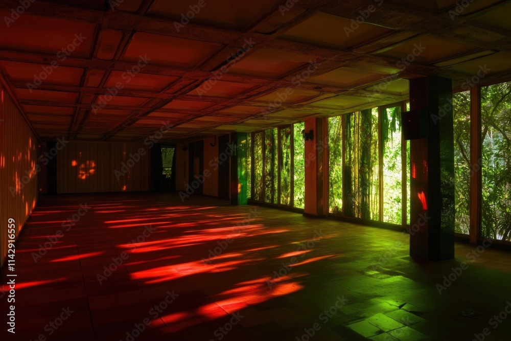 Poster a cozy interior with numerous large windows and a vibrant red floor, perfect for use in design conce