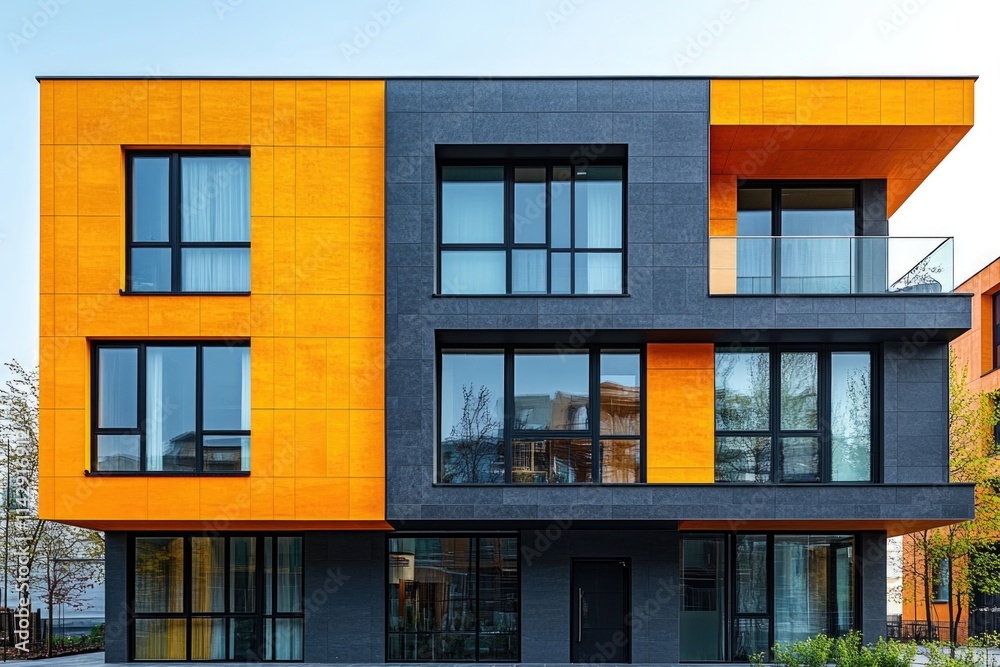 Poster a modern building with many windows, suitable for use in business or commercial contexts