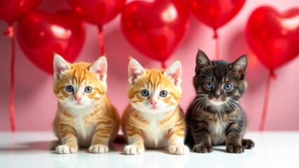 three kittens sitting on white table with many red heart-shaped balloons in the background concept of love, Valentine's Day, pet care