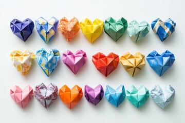 Colorful Collection of Origami Hearts Arranged in a Pattern, Showcasing Various Designs and Colors for Creative or Artistic Projects