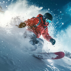 Naklejka premium Skier going down the mountain at high speed.