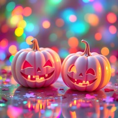 Pink Halloween Pumpkins with Lights Festive Decor