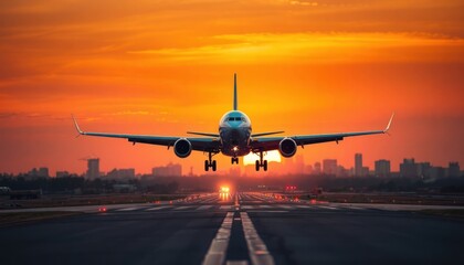 Fototapeta premium Commercial plane lands on runway at sunset. Golden hour sky. City skyline in background. Travel and transportation theme. Adventure and freedom concept.