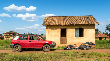 Fototapeta premium Uncompleted House with Building Materials and Red SUV in Ugandan Urban Landscape