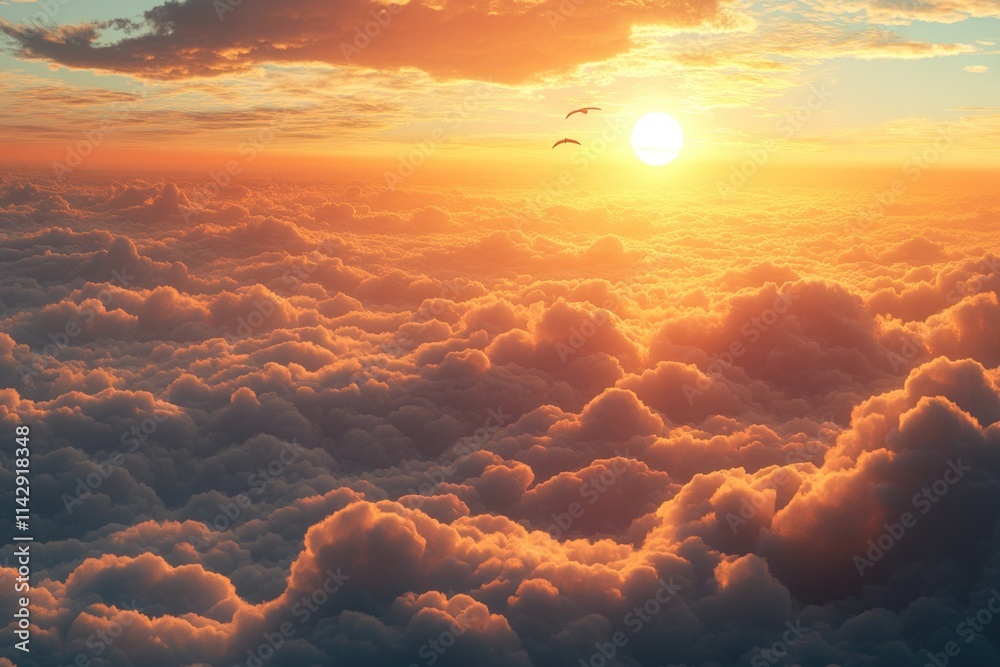 Poster a beautiful sunset scene with clouds and birds flying overhead, suitable for use as a background or 