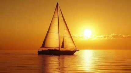 Fototapeta premium sailboat gracefully gliding across the shimmering sea during sunset, warm golden light reflecting on the water, creating a serene and picturesque coastal scene
