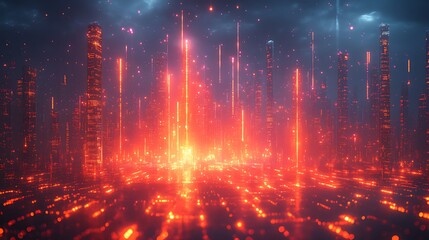 Fototapeta premium Futuristic city skyline at night with glowing red energy beams.