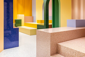 Minimalist ice cream parlor with geometric pastel displays