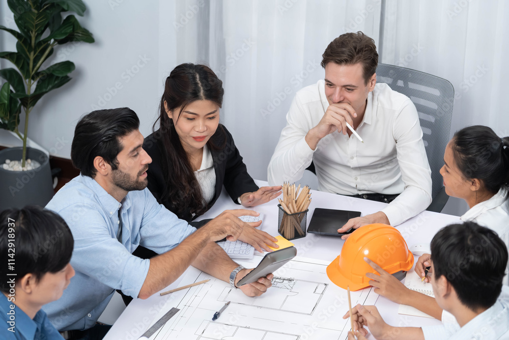 Poster diverse group of civil engineer and client working together on architectural project, reviewing cons