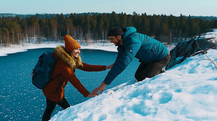 Amidst a serene winter wonderland, two adventurers navigate a snowy slope by a tranquil, frozen lake. Their laughter fills the crisp air as they assist each other, embracing the cold beauty of nature