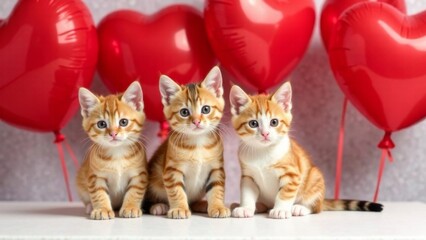 three kittens sitting on white table with many red heart-shaped balloons in the background concept of love, Valentine's Day, pet care