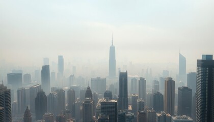 Obraz premium Smog-filled cityscape on hazy day. High-rise buildings, skyscrapers visible in dense urban environment. Hazy atmosphere obscures details, gives hazy effect to buildings. Cityscapes affected by