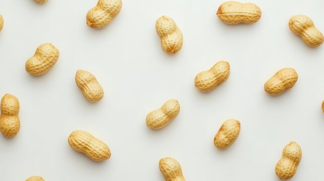 scattered peanuts isolated on a pristine white background, showcasing their natural texture and shape in a clean, minimalist presentation that captures attention