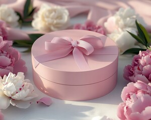 Round pink gift box nestled among lush flowers soft white peonies creates an enchanting atmosphere of holiday spring