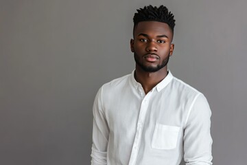 Fototapeta premium Confident young man in a white shirt standing against a gray background, showcasing style and poise with an engaging expression, perfect for portrait photography use