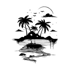 Line Art Tropical Beach Design Stock Illustration Featuring Palm Trees, Ocean Waves, and a Relaxing Coastal Scene