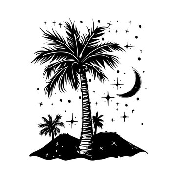 Line Art Tropical Beach Design Stock Illustration Featuring Palm Trees, Ocean Waves, and a Relaxing Coastal Scene