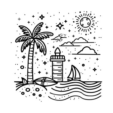 Line Art Tropical Beach Design Stock Illustration Featuring Palm Trees, Ocean Waves, and a Relaxing Coastal Scene