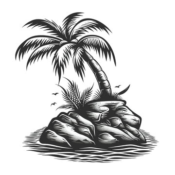 Line Art Tropical Beach Design Stock Illustration Featuring Palm Trees, Ocean Waves, and a Relaxing Coastal Scene