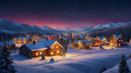 A vibrant, artistic depiction of a cozy winter village with glowing windows, snow-covered rooftops, and festive decorations under a starry sky,Generative Ai
