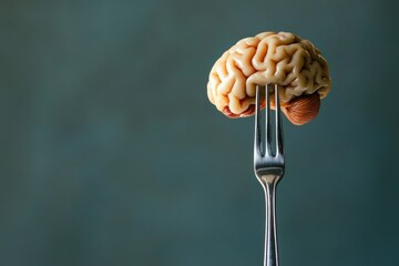 Conceptual image of a brain on a fork representing ideas about cognition, creativity, intelligence, and the relationship between food and thought in a surreal manner