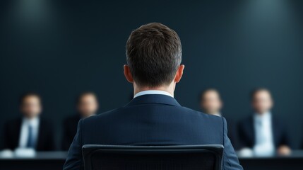 A suited individual sits before a panel of interviewers, showcasing a tense moment in a professional setting.
