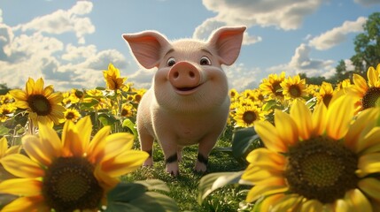 Happy piglet in sunflower field.