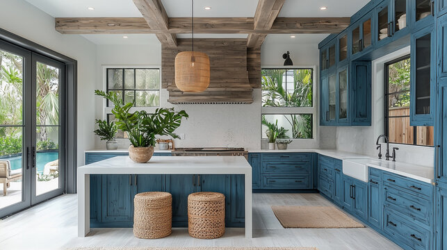 Contemporary coastal kitchen featuring blue cabinetry and natural elements in a bright, airy setting