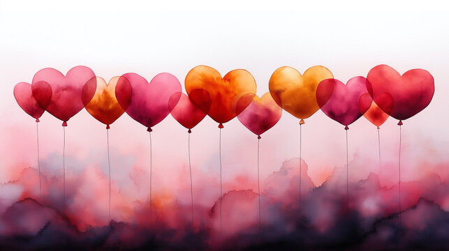 A watercolor illustration featuring heart-shaped balloons arranged in a row against a backdrop of pink and purple clouds